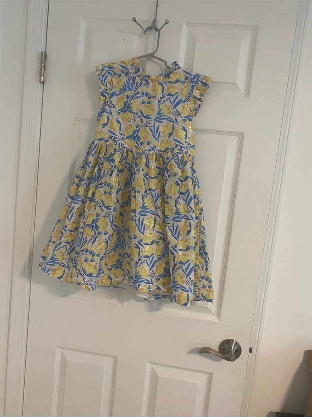 Isaac Mizrahi Yellow and Blue Floral Ruffle-Shoulder Cotton Dress